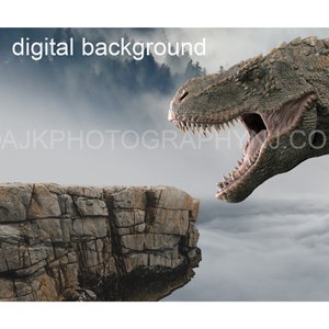 dinosaur digital backdrop, T-Rex by edge of cliff, misty mountains, Tyrannosaurus Rex, digital background