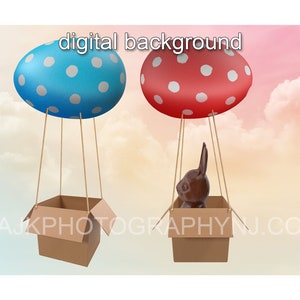 Easter digital background, Easter egg shaped hot air balloons, chocolate bunny, digital backdrop
