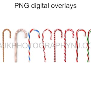 May include: A set of ten candy cane digital overlays in various colors, including red, white, green, blue, and gold. The candy canes are all in the shape of a traditional candy cane, with a curved top and a straight bottom. The overlays are perfect for adding a festive touch to your digital projects.