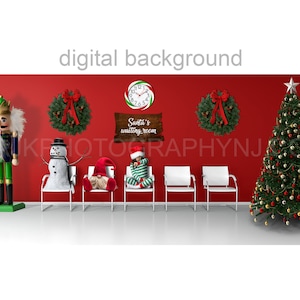 Può includere: Un muro rosso con un albero di Natale, un pupazzo di neve, un gnomo, uno schiaccianoci e un orologio. Ci sono quattro sedie bianche davanti al muro. Un cartello dice "Sala d'attesa di Babbo Natale".