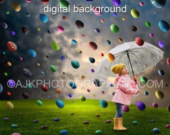 Raining Easter eggs in field, Easter digital background
