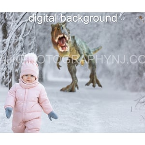 Dinosaur digital background, Tyrannosaurus Rex running in snow, T Rex chasing a child, winter digital background