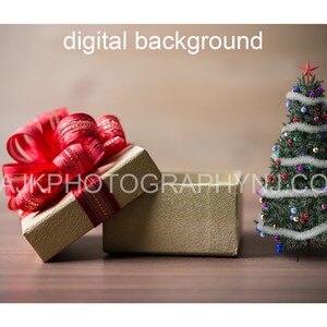 Christmas digital background, a giant gift box and X-mas tree, digital backdrop