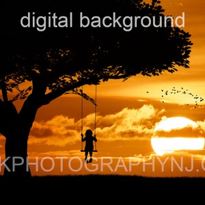 May include: Silhouette of a child on a swing under a large tree against a vibrant orange sunset. The image includes the text "digital background" and the website address "AJKPHOTOGRAPHYNJ.COM". A flock of birds flies across the sky.