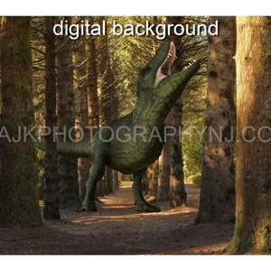 cenário digital de dinossauro, T-Rex na floresta, Tiranossauro Rex na floresta, fundo digital