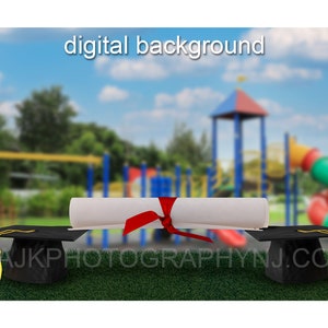 Graduation digital background, giant graduation caps and diploma, preschool, kindergarten, elementary, school digital backdrop