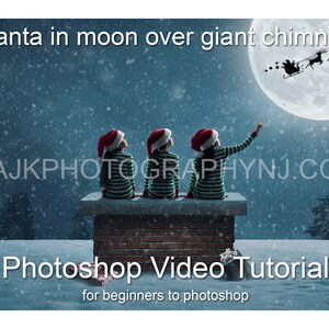 Könnte beinhalten: Drei Kinder in Weihnachtsmützen schauen zu einem Vollmond mit einer Silhouette von Weihnachtsmann und Rentieren, die davor fliegen. Die Kinder sitzen auf einem Ziegelstein-Schornstein mit Schnee auf dem Boden. Der Text "Photoshop Video Tutorial for beginners to photoshop" befindet sich am unteren Rand des Bildes.