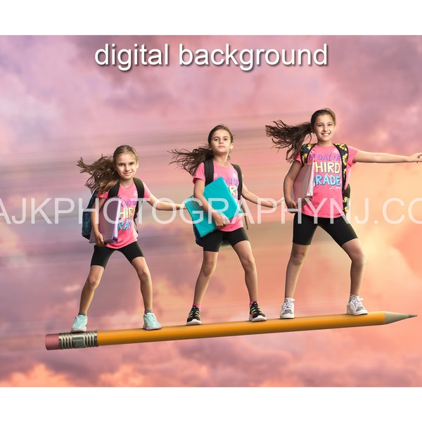 Giant flying pencil in pink sunset sky, back to school digital backdrop