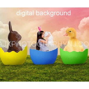 Easter digital background, chocolate bunnies and yellow chick inside cracked colored eggs, grassy field, pink sky digital backdrop