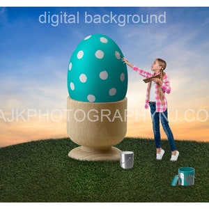 Easter digital background, painting a giant Easter egg on a grass hill, blue sky digital backdrop