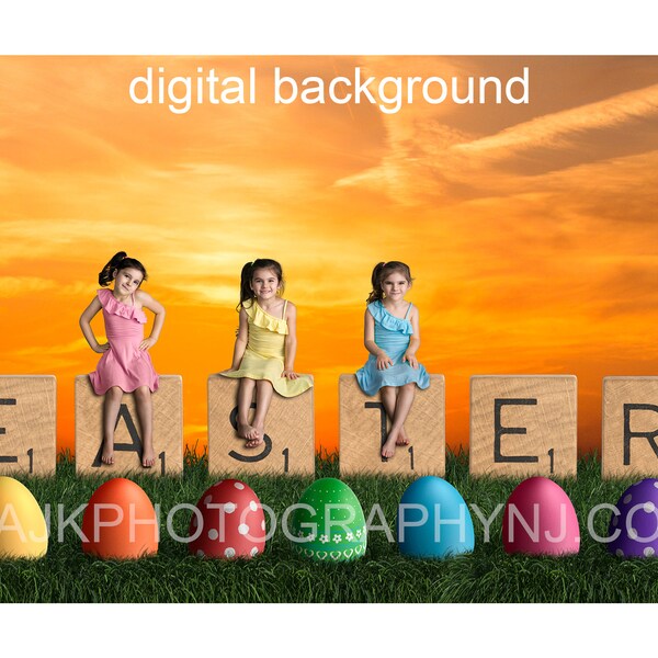 Easter digital background, giant scrabble letters spelling Easter, giant Easter eggs in a field, gold sky, digital backdrop