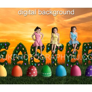 Easter digital background, giant bush letters spelling Easter with eggs inside, giant Easter eggs in a field, gold sky, digital backdrop