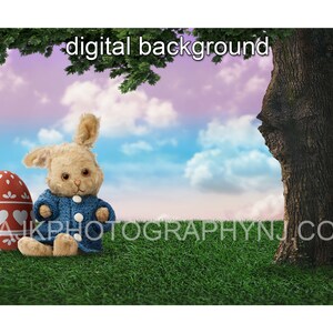 Plush Easter bunny doll in field, giant Easter egg digital backdrop