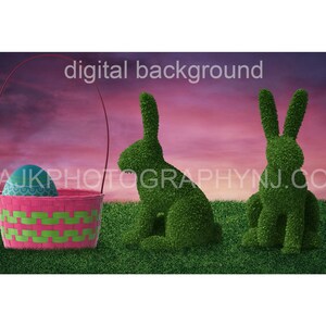 Easter digital background, giant Easter basket, giant Easter egg, giant topiary rabbits, digital backdrop