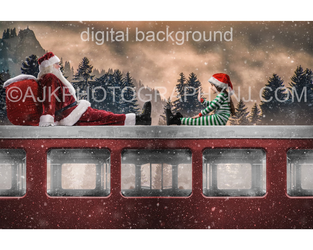 Santa Digital Backdrop, Santa Sitting on Red Train, Bag of Christmas