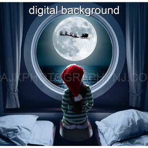 Christmas window digital backdrop, Christmas window on boat, Santa in sleigh, reindeer flying over moon, ocean, digital background