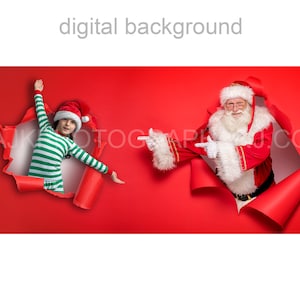 Sfondo digitale di Babbo Natale, carta da regalo rossa strappata, Babbo Natale che esce dalla carta, sfondo digitale, PNG, jpeg