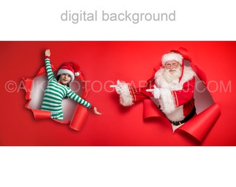 Santa digital backdrop, torn red wrapping paper, Santa popping out of paper, digital background, PNG, jpeg