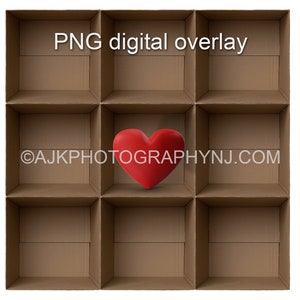 Superposición PNG, plantilla de 9 cajas de cartón vacías, corazón de San Valentín en el centro, cajas de San Valentín, superposición digital PNG