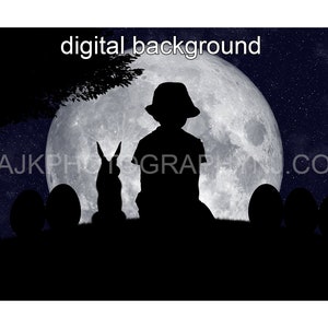 Easter bunny silhouette on grassy hill in front of large moon, Easter digital background