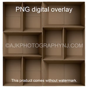 Plantilla de 9 cajas de cartón rectangulares vacías, superposición digital PNG