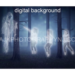 Floating ghost in spooky woods Halloween digital backdrop