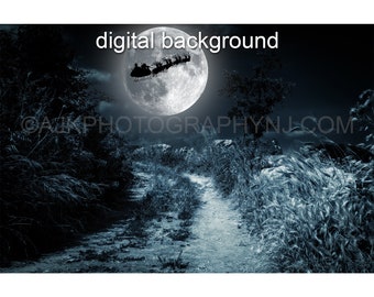 May include: A digital background image of a path through a field of tall grass with a full moon in the background. Santa Claus is flying in his sleigh pulled by reindeer in front of the moon.