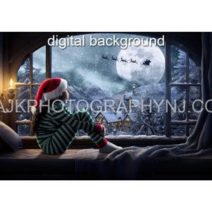 May include: A young girl in a green and white striped pajamas and a red Santa hat sits by a window looking out at a snowy winter scene. Santa's sleigh is flying in the distance with a full moon in the sky. The text "digital background" is at the top of the image.