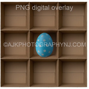 Superposición PNG, plantilla de 9 cajas de cartón vacías, huevo de Pascua gigante en el centro, cajas de Pascua, superposición digital PNG