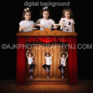 Puppet theater digital background, puppet stage digital backdrop