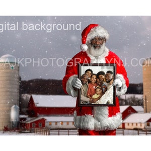 Black Santa Holding a Frame on farm, PSD layered with snow overlay, Digital Background, Christmas Digital Backdrop, AJKPhotographyNJShop