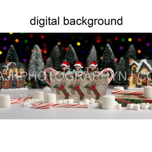 Christmas digital backdrop, children in Christmas box with candy canes and marshmallows digital background