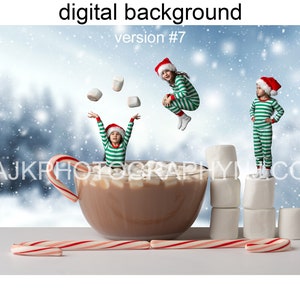 Heiße Schokolade in Schüssel mit Zuckerstangen und Marshmallows, Marshmallow-Treppen, schneebedecktes Feld, Weihnachten digitaler Hintergrund Version 7