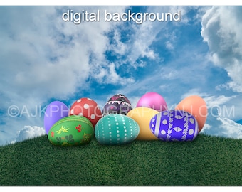 Easter digital backdrop, giant Easter eggs, field of grass, blue sky and clouds, digital background