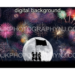 May include: Silhouettes of three children standing in front of a large, full moon with a black flag on a pole. The moon is in the center of the image and is surrounded by a dark blue sky with many colorful fireworks exploding in the background.