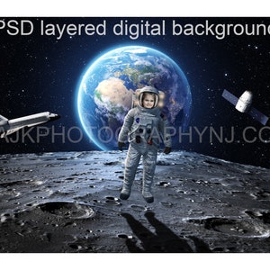 May include: A child dressed as an astronaut stands on the surface of the moon, with Earth and a spaceship in the background. The image is a digital background with layers.