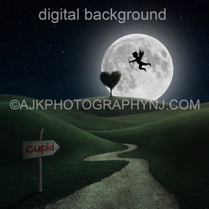 May include: A digital background image featuring a night sky with stars, a full moon, a heart-shaped tree, and a path leading to a sign that reads "cupid".