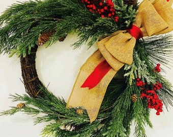 Wreath LARGE  with glitter pine bush and a hint of red berries