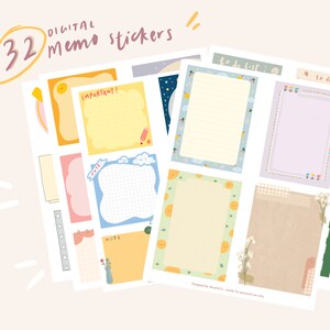 May include: A set of 32 digital memo stickers featuring a variety of designs, including a grid, a to-do list, and a note section. The stickers are designed for use with Good Notes, Notability, One Note, and other note-taking apps.