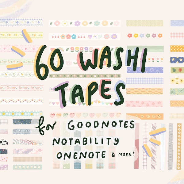 60 mooie digitale Washi Tape-stickers | GoodNotes-stickers | Afdrukbare stickers| Studeerstickers | Leuke plannerstickers | Digitale sticker