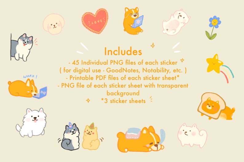 May include: A set of 45 digital stickers featuring cute cartoon dogs in various poses. The stickers are perfect for digital planners, notes, and other digital projects. The set includes 3 sticker sheets with transparent backgrounds.