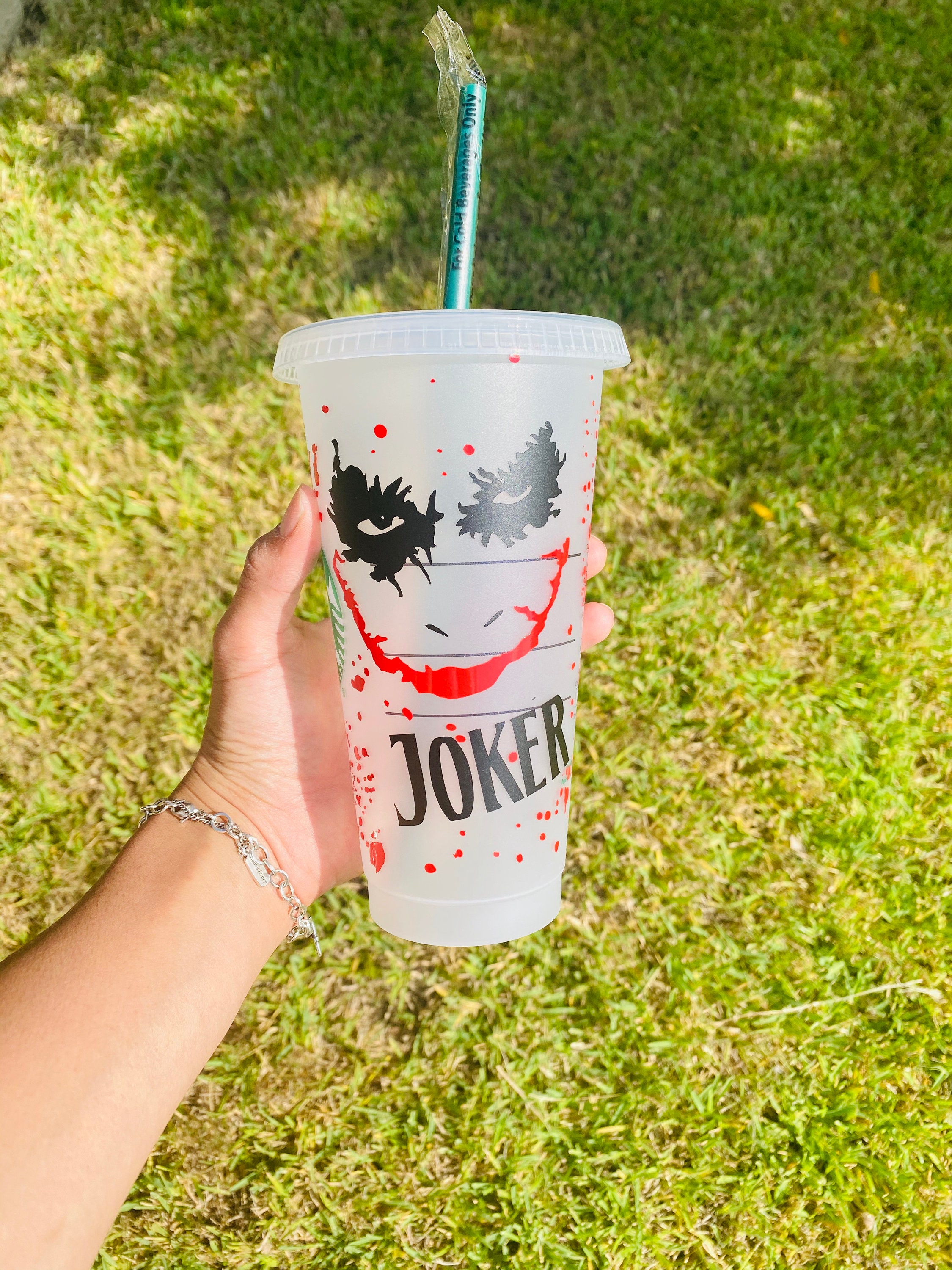 Custom reusable glass cup with lid and straw Joker vintage premium