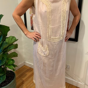 Vintage 1940's Pink Silk Nightgown with Ecru Lace, size L
