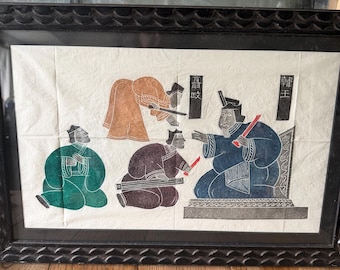 Vintage Framed Asian Temple Rubbing on Rice Paper Nie Zheng killing the Han king Wulian Shrine