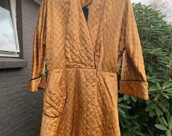 Vintage 1950s 1960s Quilted Gold Satin Robe with Black Trim and Lining