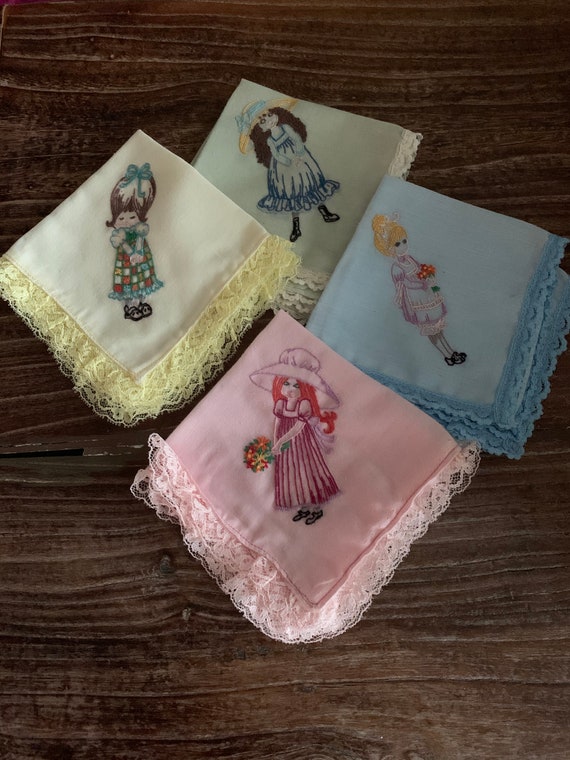 Vintage set of handkerchiefs with embroidered girl