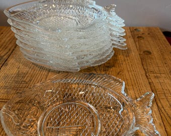 Vintage helderglazen vissnackborden, set van 8 inch