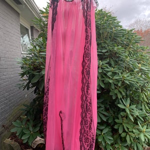 Vintage 1950s Lady Leonora Inc Pink Sheer Nightgown with Black lace, size S