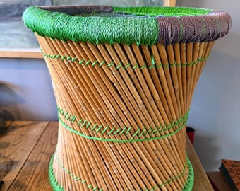Vintage Handmade Cane Bamboo Mudda Pencil Reed Woven Top Stool
