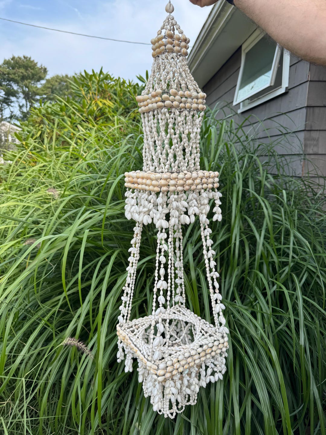 Vintage 2 Tiered Hanging Shell Holder, Cowrie Planter Sea Shell Plant ...